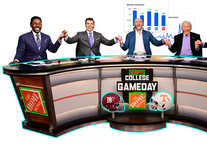 A hero image for Media Company Solutions featuring a group of sports analysts sitting at a broadcast desk, with a digital graphic on the side showing brand valuation data.