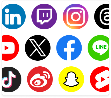 A collection of social media platform logos, including LinkedIn, Twitch, Instagram, YouTube, X, Facebook, and TikTok.