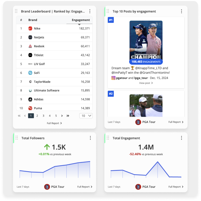 A dashboard from Blinkfire showing custom analytics and KPI tracking, with a leaderboard for brands and graphs visualizing follower growth.